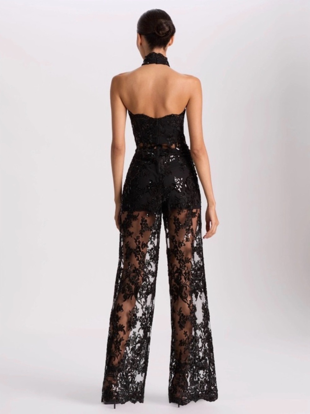 Alice + Olivia Black Strapless Lace Sheer Wide-Leg Jumpsuit Make an Offer! - Picture 2 of 4